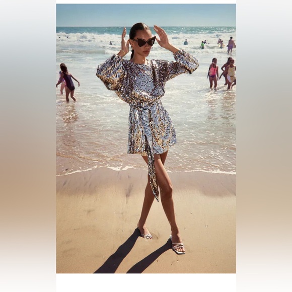 Zara Silver Sequin Mini Dress M - Picture 3 of 7